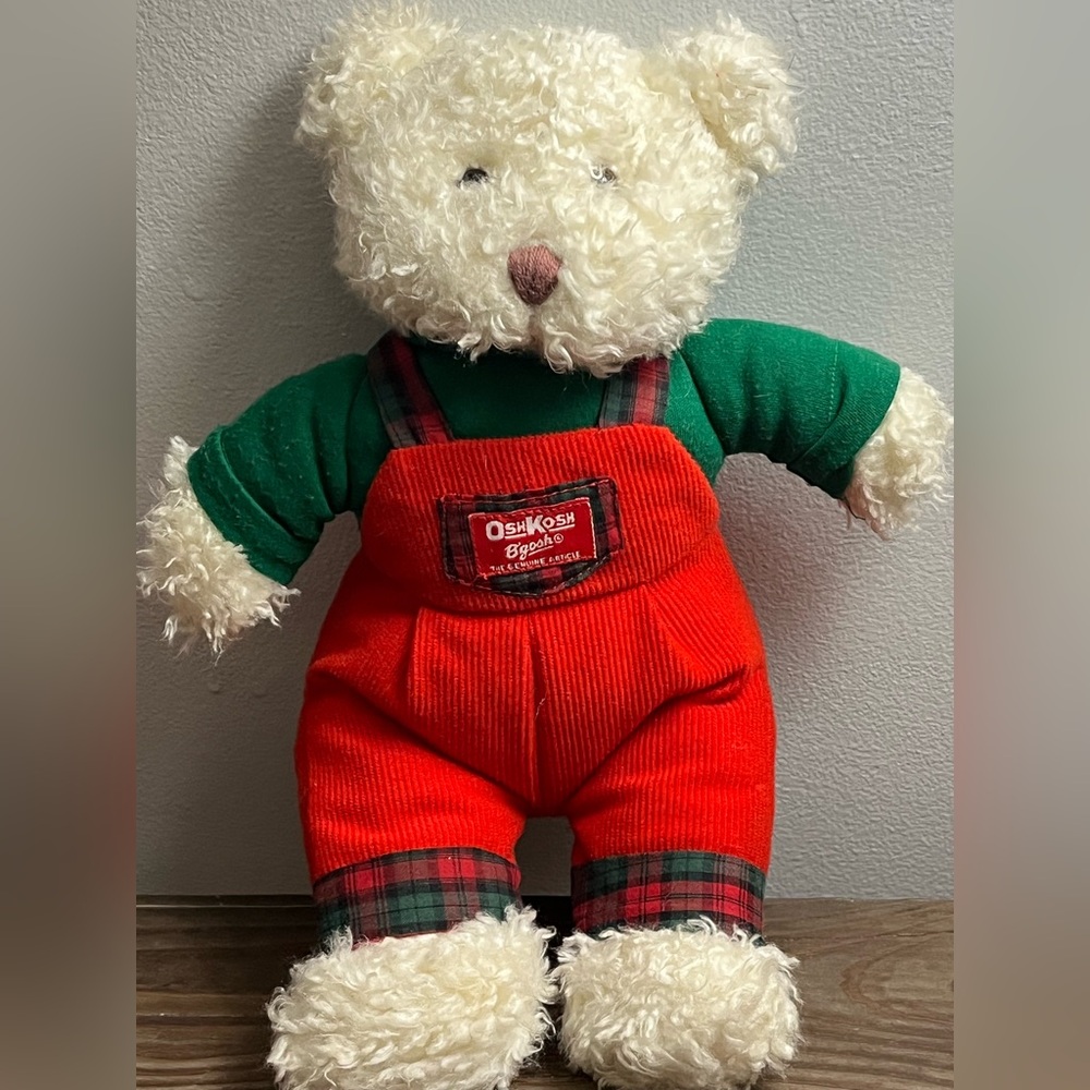 Vintage OshKosh B'gosh Teddy Bear with Holiday Red Overalls Eden Toys - Picture 1 of 14